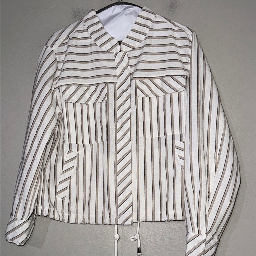 Cavalini White and Brown Utility Jacket with Collared Neckline